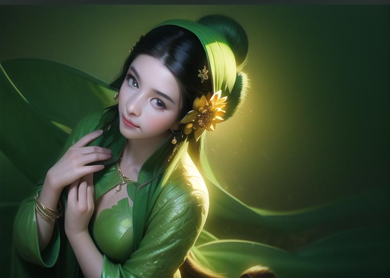 12593-239972613-(best quality), ((masterpiece)), (highres), illustration, original, extremely detailed,gfcg,a woman in a green dress holding a f.png